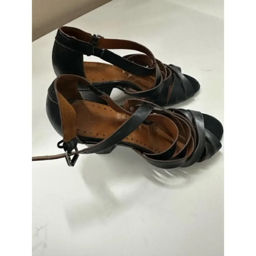 Ann Taylor Loft Women's Black Leather Strappy Chunky Cone Heel Sandals Size 7 - Picture 2 of 8